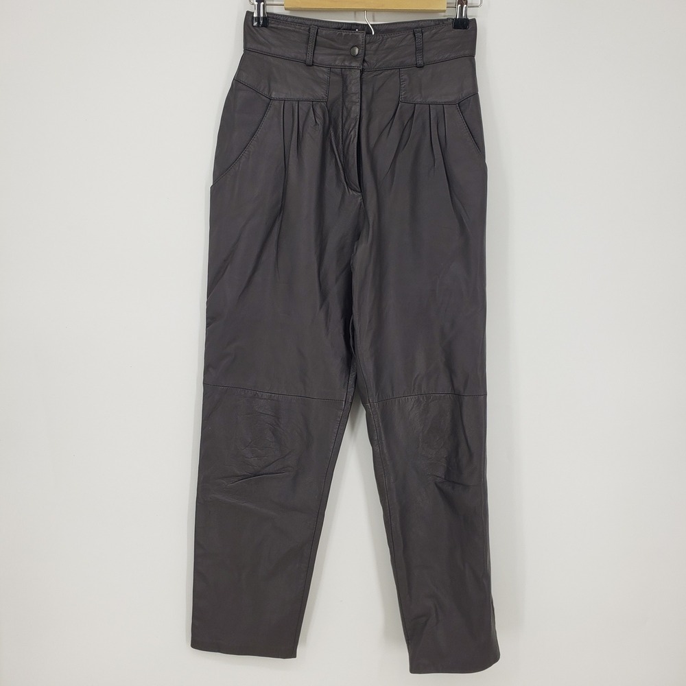Vintage Toffs 80s Genuine Leather Pleated High Waist Pants Gray Womens Size 6P